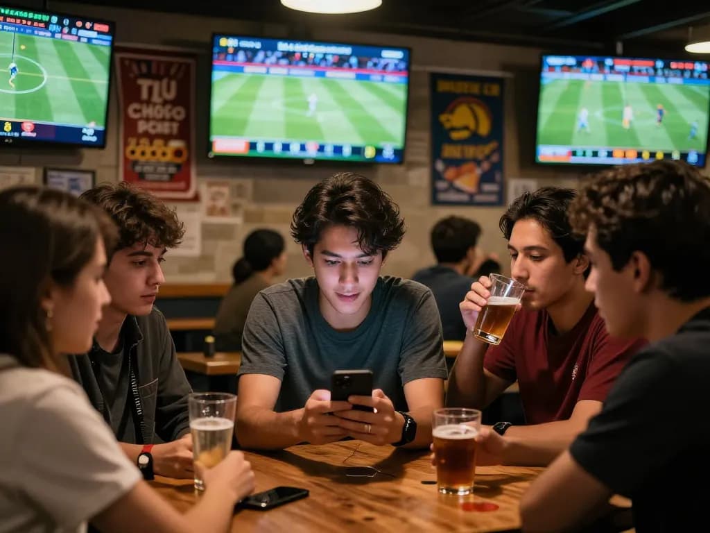 Captivating football fans analyzing tỷ lệ kèo in a lively sports bar.