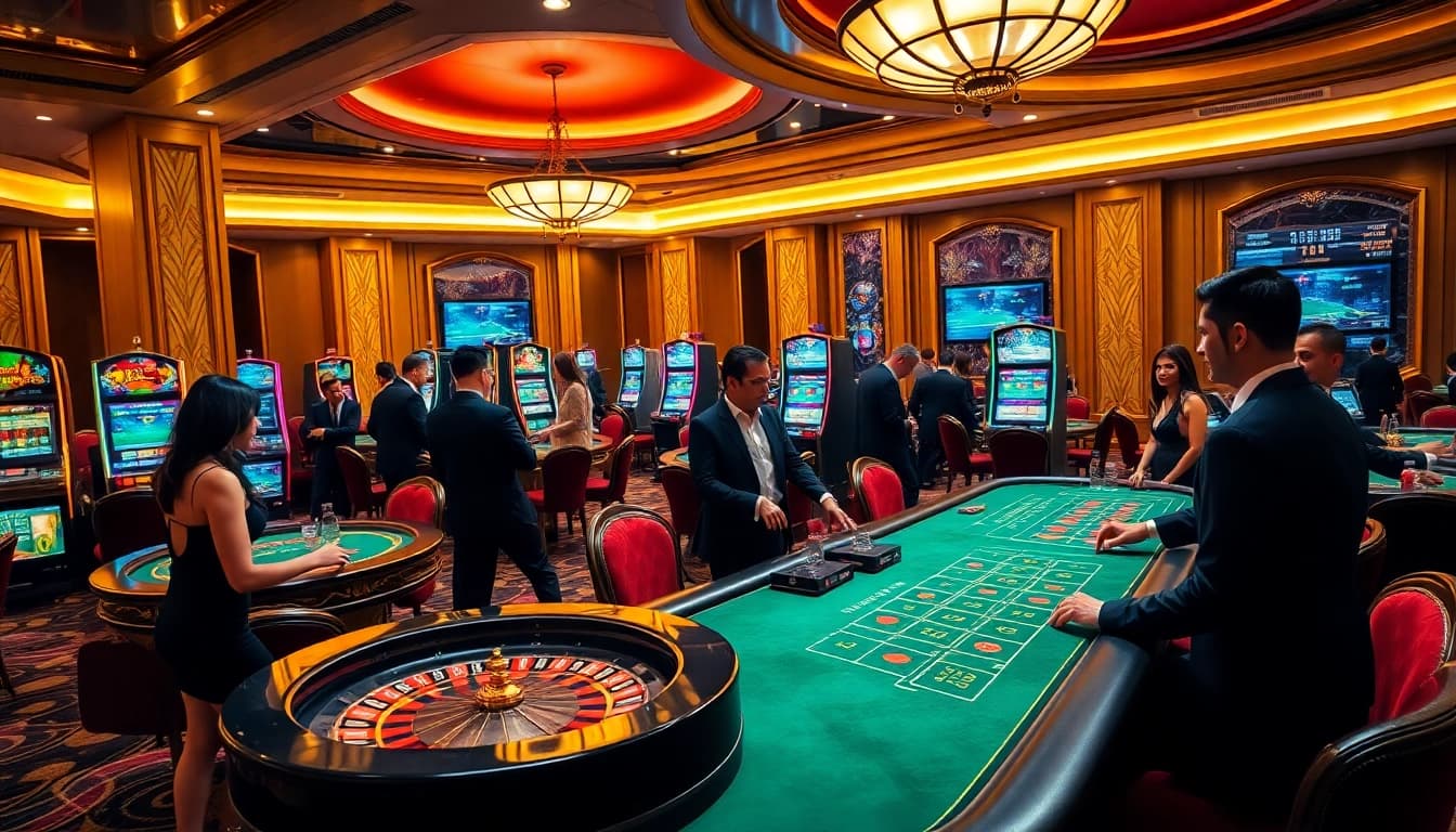 High-stakes gambling at a luxurious casino, showcasing https://urr88.com/ games with tables and slot machines.