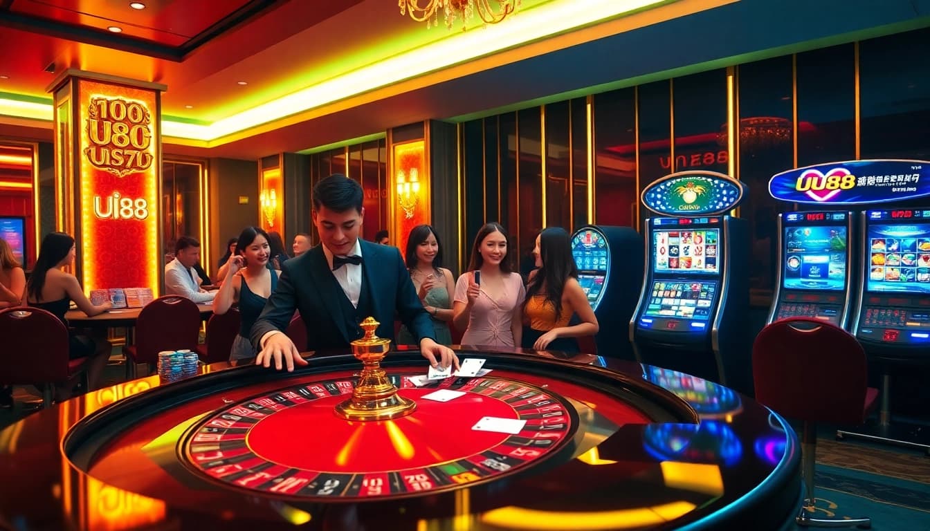 UU88 casino scene with roulette table, chips, and lively gamblers enjoying the thrill of betting.