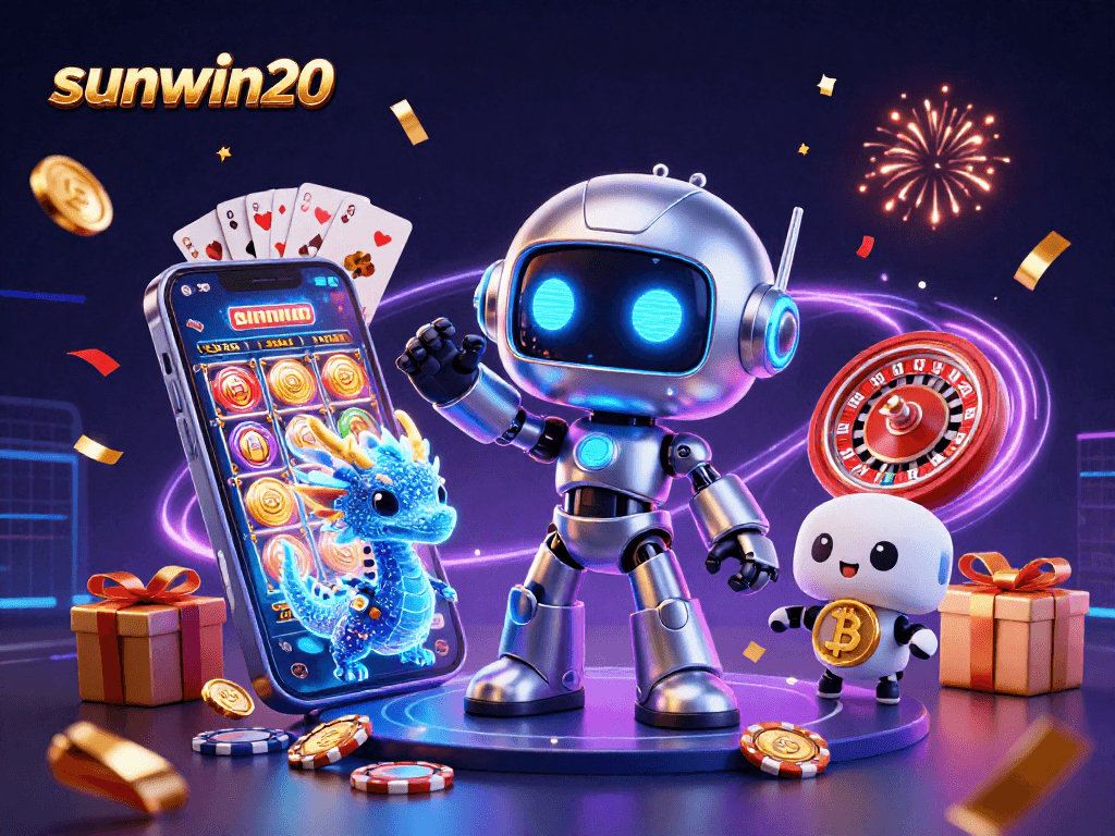 Spin to win with sunwin20 in a vibrant mega jackpot scene featuring a cyberpunk mascot and casino games.