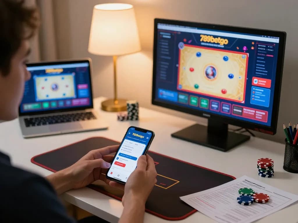 Player engaging with the 789betgo app for online gaming, showcasing a vibrant home setup with gaming elements.