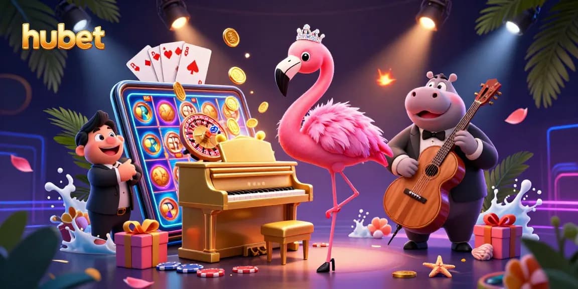 Experience the thrill of hubet with vibrant slot games and lively characters in this detailed casino illustration.
