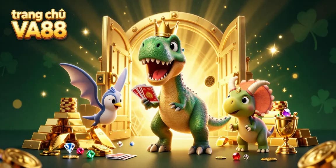Experience thrilling gameplay at trang chủ VA88 with a joyful T-Rex shuffling cards amid dazzling casino treasures.