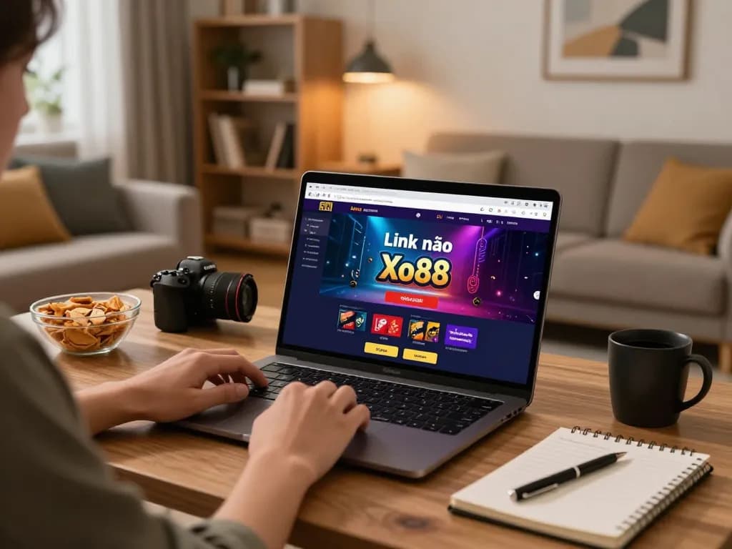 Engaged player using Link vào Xo88 online casino interface on laptop in cozy home setting.