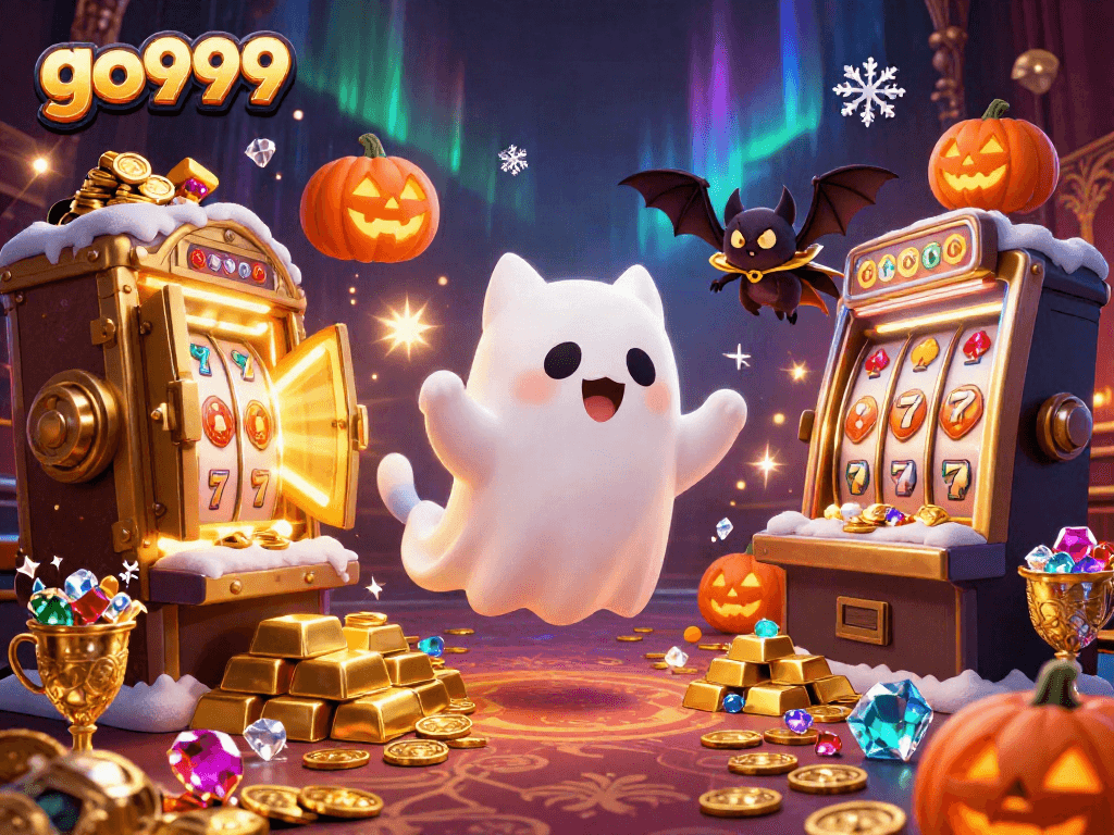 Win big with go999 in this vibrant casino scene featuring ghost cat and vampire bat.
