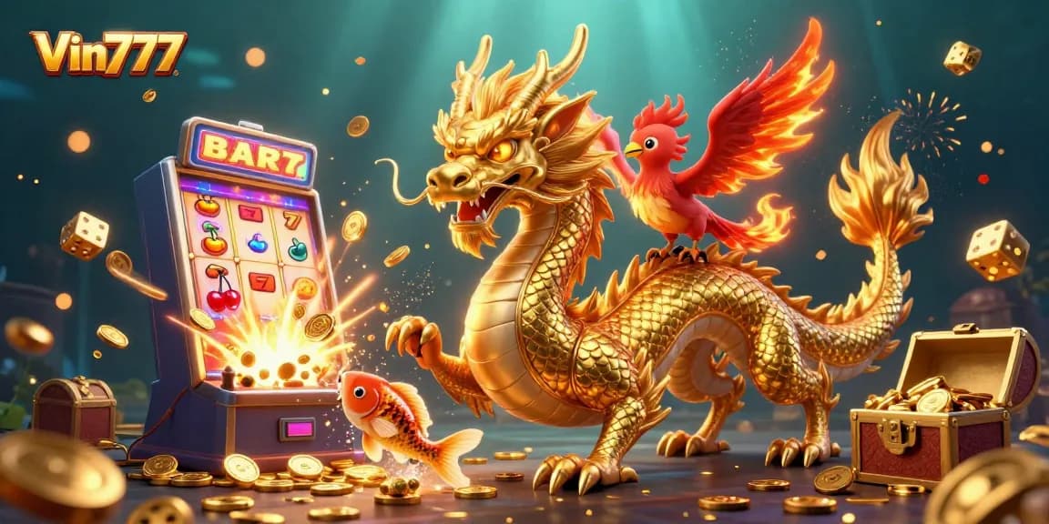 Experience thrilling gameplay at Vin777 with golden dragon, jackpot slot machine, and vibrant casino elements.
