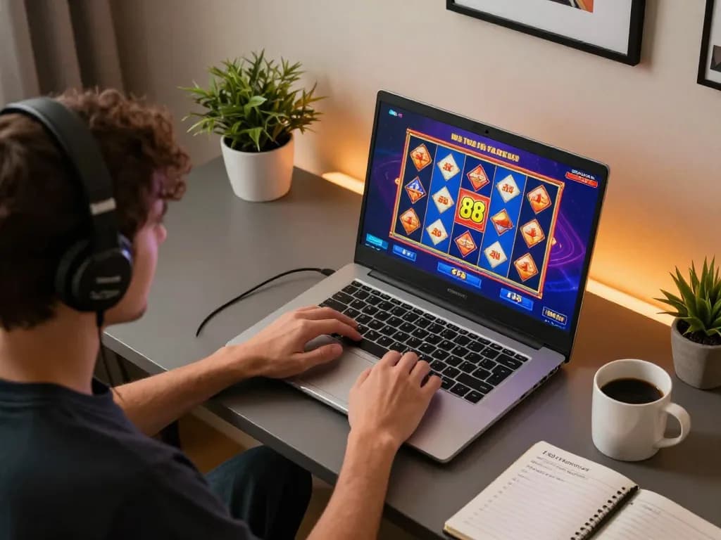 Player enjoying Go 88 games on a sleek laptop, with vibrant slot graphics in a cozy home setup