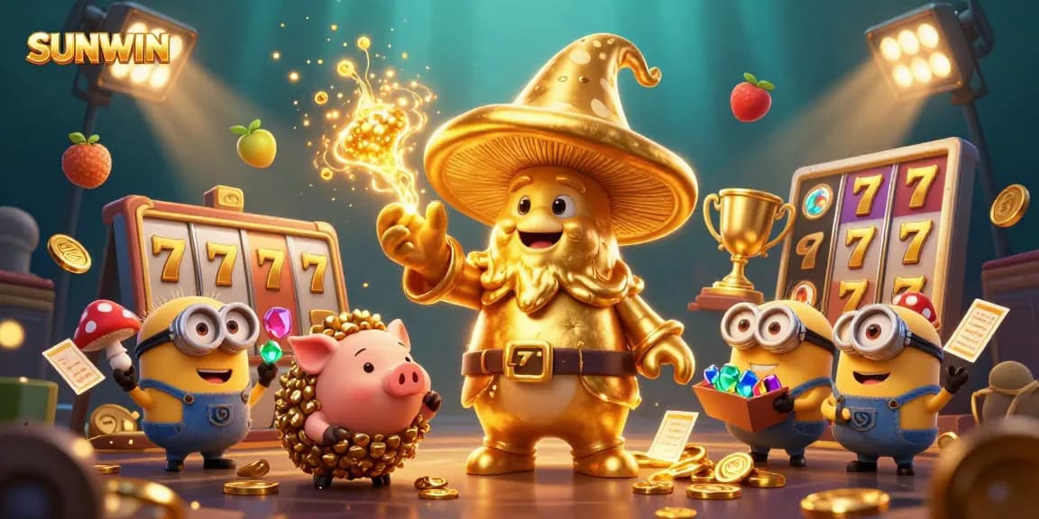 SUNWIN transforms gameplay with an enchanted golden mushroom wizard channeling magical spore treasures amidst vibrant slot elements.
