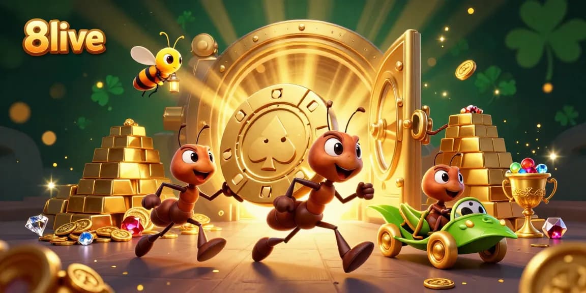 Experience thrilling action at 8live with ants heisting a giant poker chip in vibrant casino chaos.