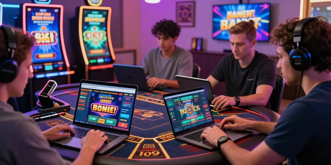 Players using credit card casinos for online gaming with laptops and tablets, showcasing exciting game interfaces and promotions.