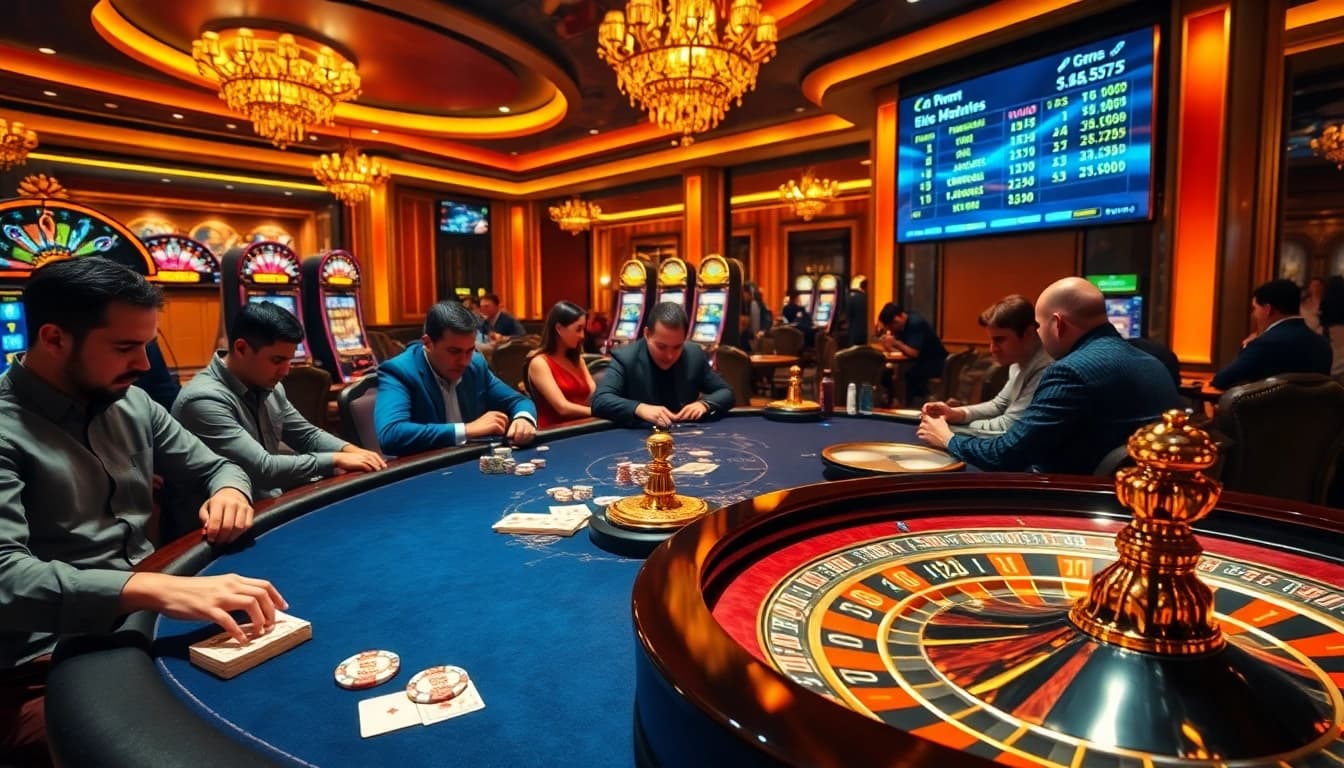 Excited players engage at the poker table, reminiscent of https://www.6rwin33.com/, surrounded by vibrant casino atmosphere.