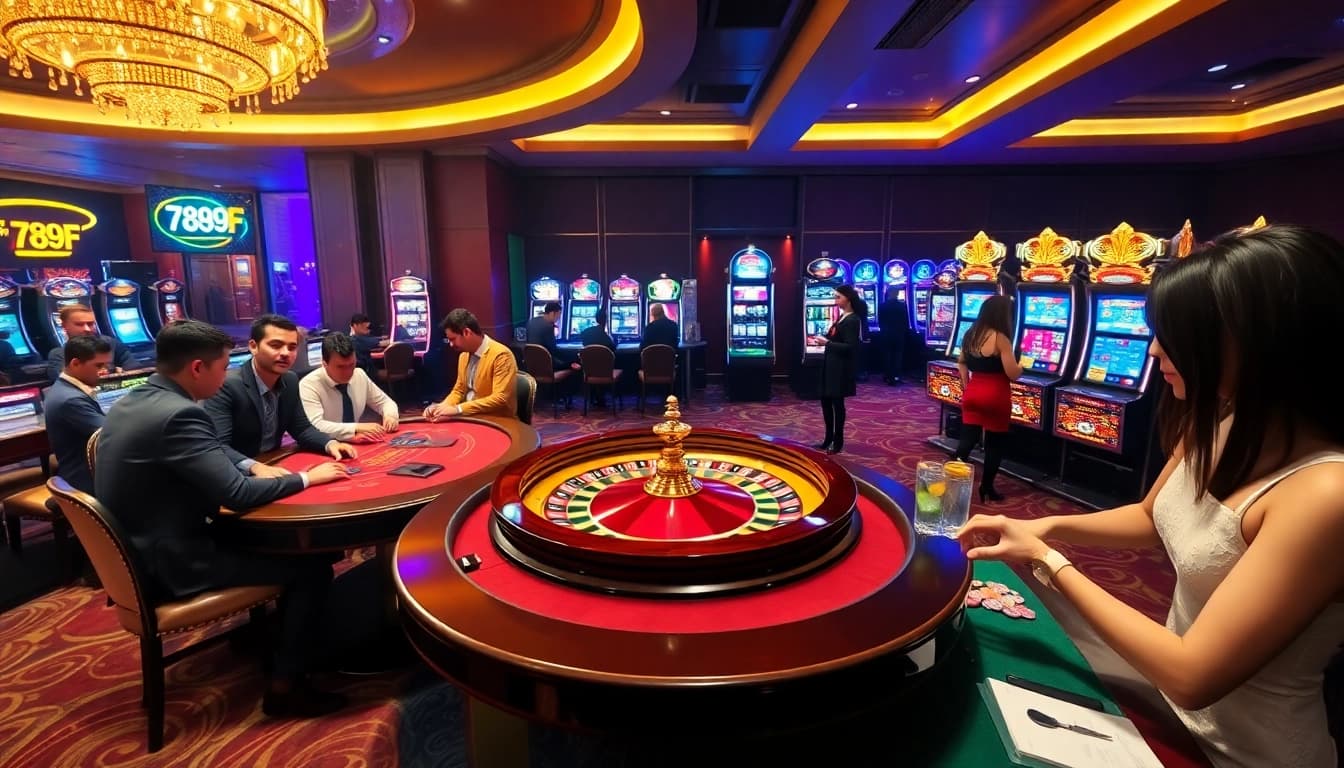 Engaged players enjoying casino games at 789F's luxurious tables and slot machines.