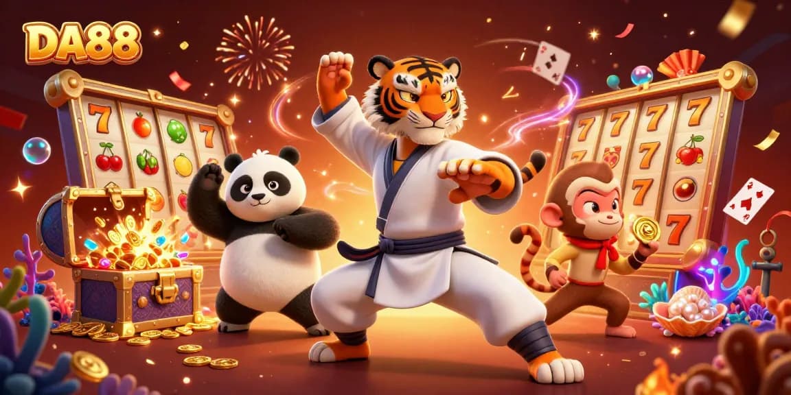 Experience DA88's dynamic casino world with 3D kung fu characters amidst slots and treasures.