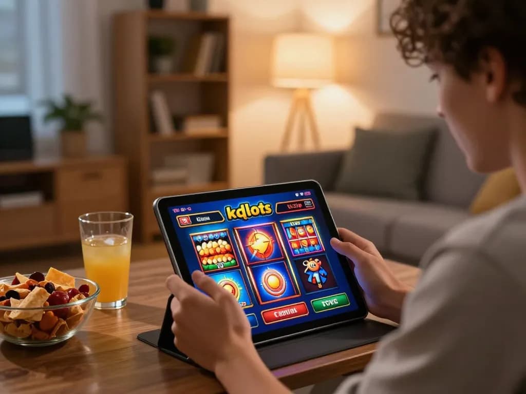 KDSlots player enjoying fast online gaming on tablet, surrounded by cozy home decor and snacks.