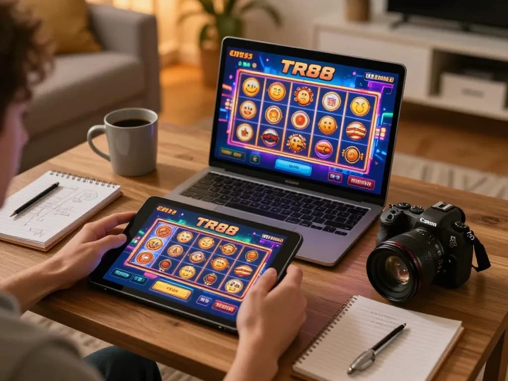 Engaging in exciting TR88 online casino gaming from home with tablet and strategy notes
