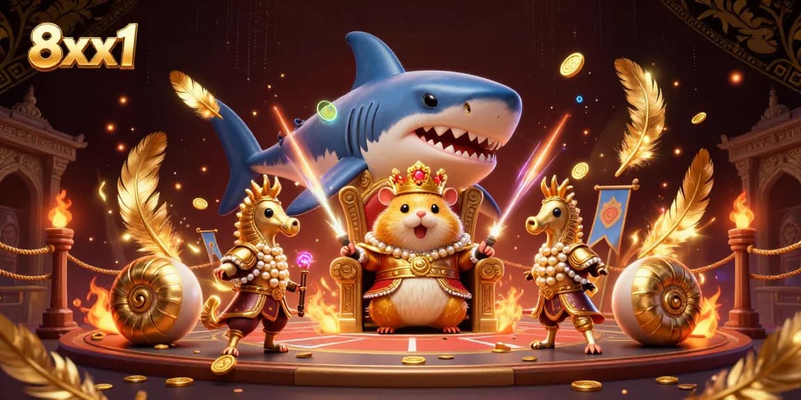 Engage with the exciting world of online gambling at 8xx1 featuring a golden hamster king, royal seahorse guards, and immersive casino elements.