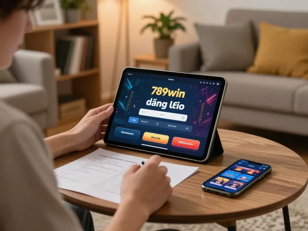 Player engaged in 789win đăng nhập process on a tablet, showcasing strategic gaming environment.