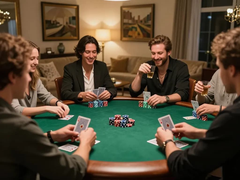 Players engage in an intense game of poker during a home night, showcasing sin88 excitement and strategy.