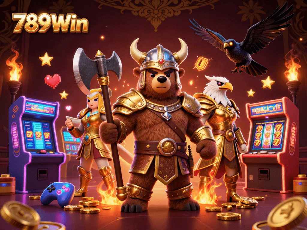Play exciting slot games with 789Win featuring dynamic viking and eagle characters in a casino environment.