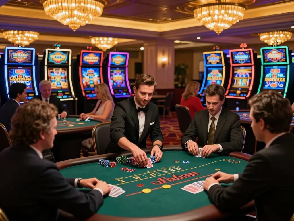 Players engaging passionately in poker at QQ88AE casino, vibrant atmosphere with elegant decor and warm lighting.