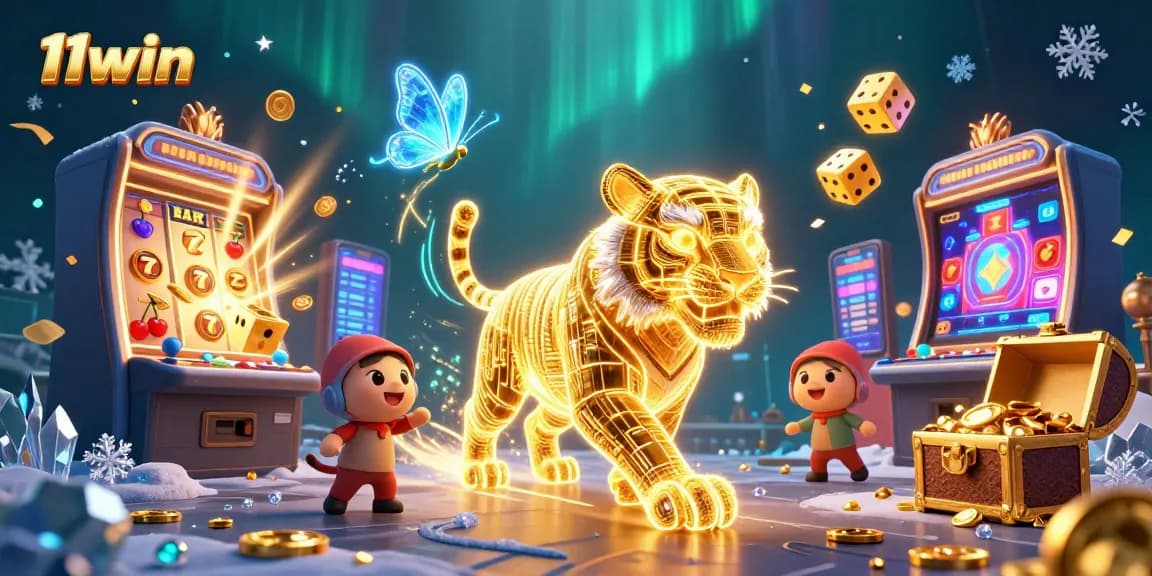 Win big with 11win's stunning 3D casino scene featuring vibrant characters and exciting game elements.