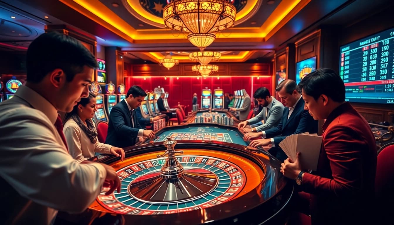 Excited gamblers placing bets at a roulette table at tylenhacai7.com, with colorful chips and vibrant casino lights.
