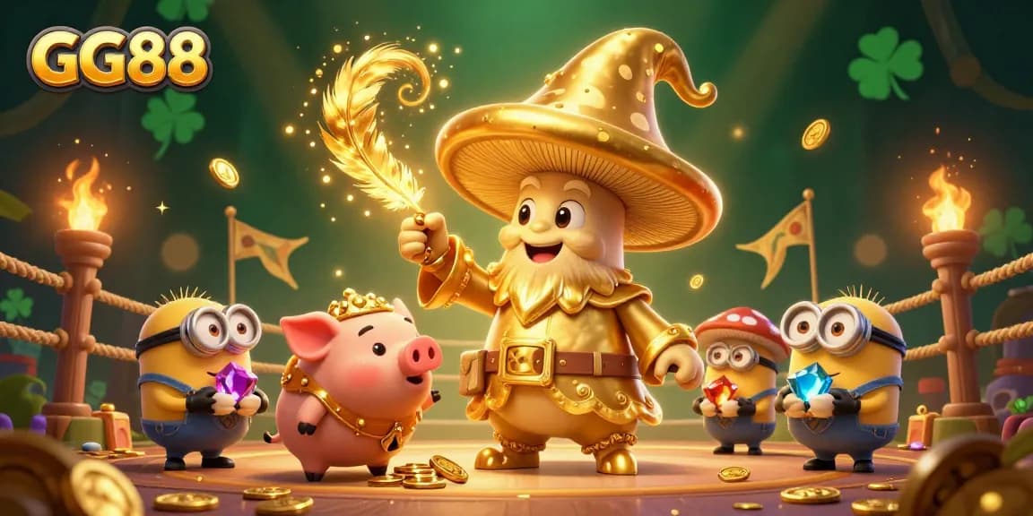 Experience the magic of GG88 with a golden mushroom wizard in a vibrant casino setting.