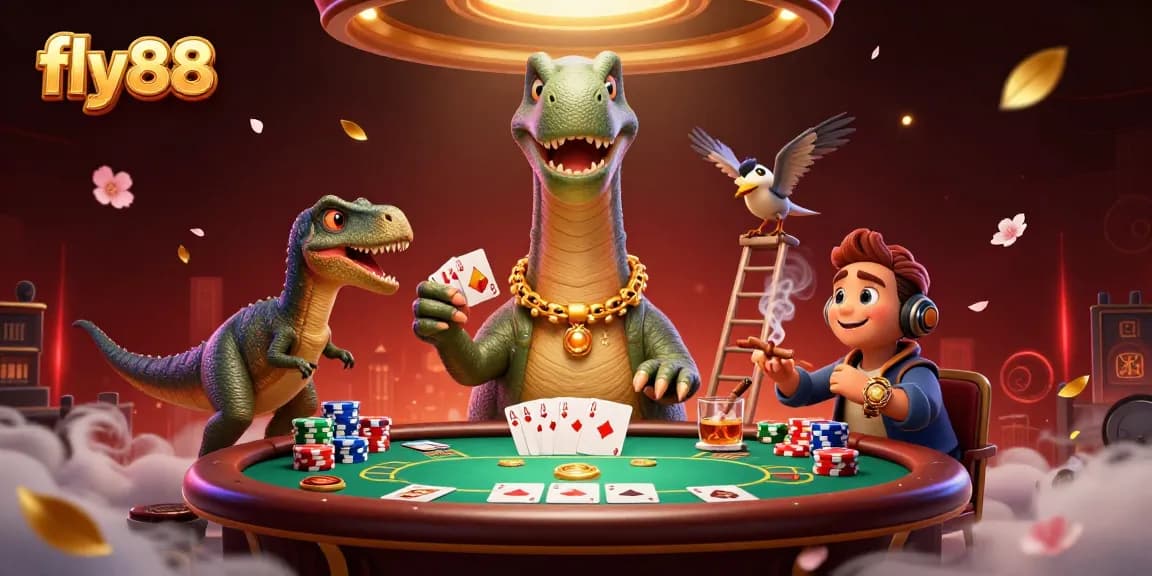 Engage with the dynamic fly88 casino scene, where a cartoon dinosaur oversees a thrilling poker game.
