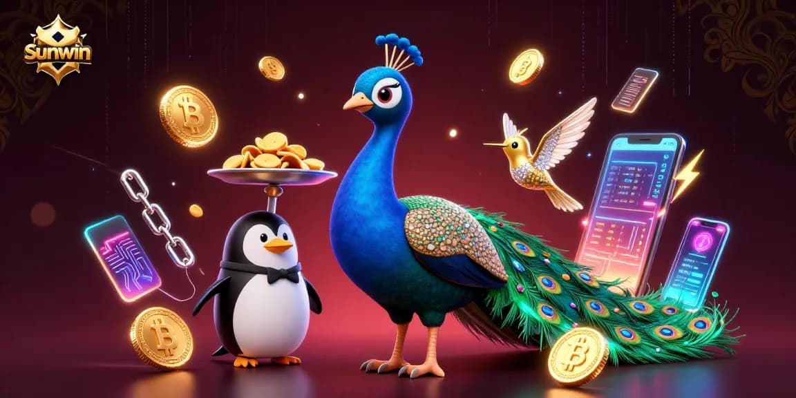 Experience Sunwin's vibrant gaming scene with a peacock, penguin, and hummingbird amidst crypto elements.