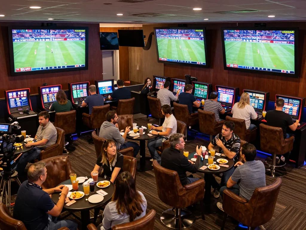 Excited bettors reviewing odds for sports events at tip88's vibrant betting lounge.