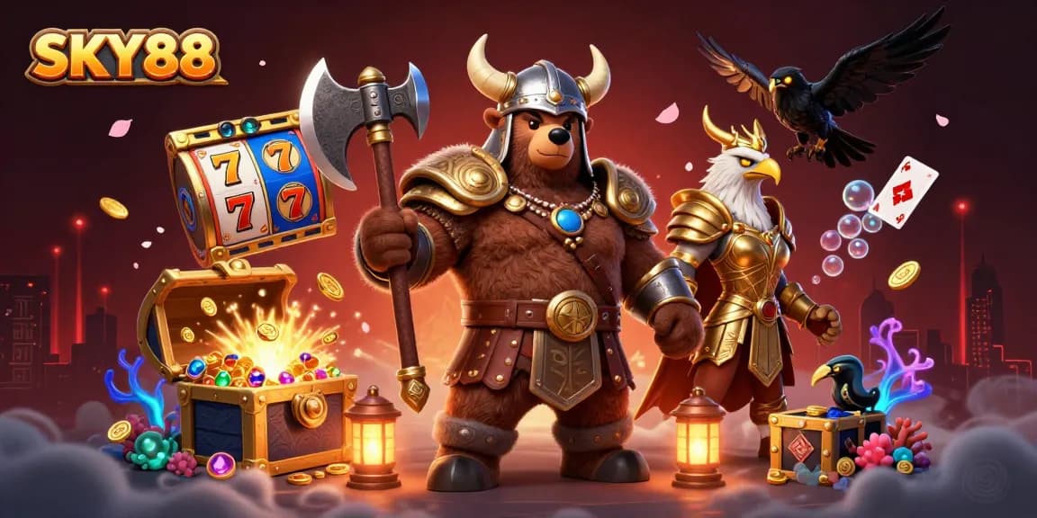 Engage with the dynamic world of SKY88, where the Viking berserker meets excitement through colorful slot reels and vibrant jackpot treasures.