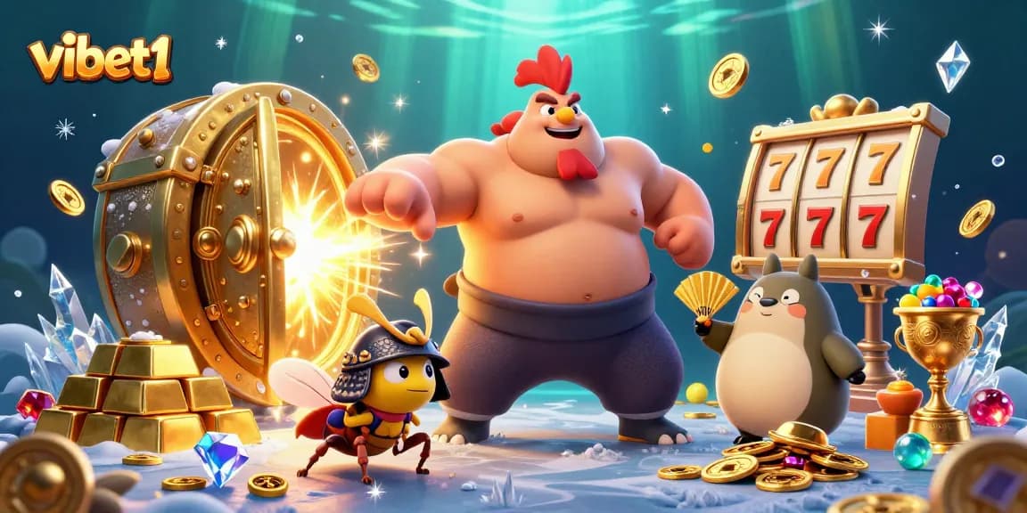 Spin jackpots with vibet1 as lively characters and treasure fill the casino scene.