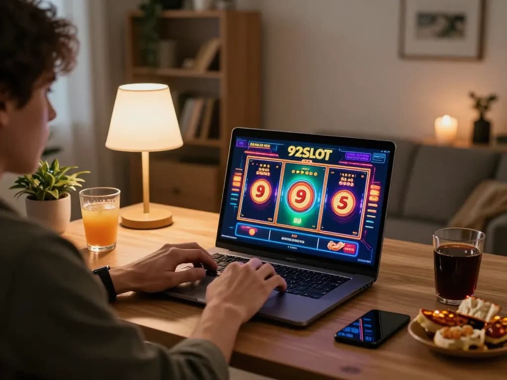Player enjoying vibrant 92SLOT slot games on a laptop in a cozy home setting