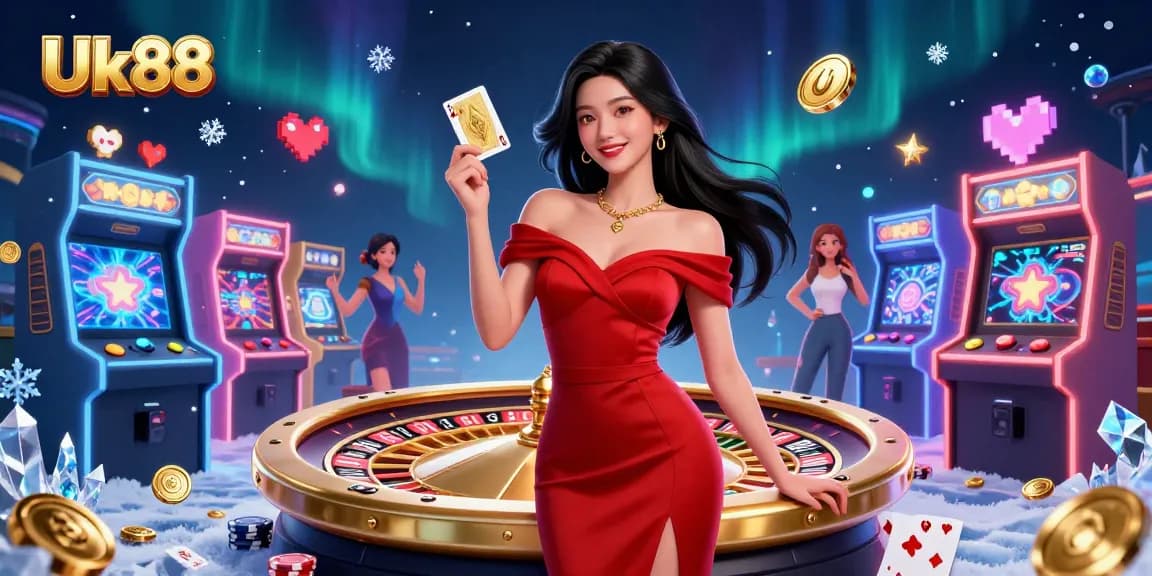 Play exciting casino games at Uk88 with a beautiful Asian woman showcasing poker and roulette elements.