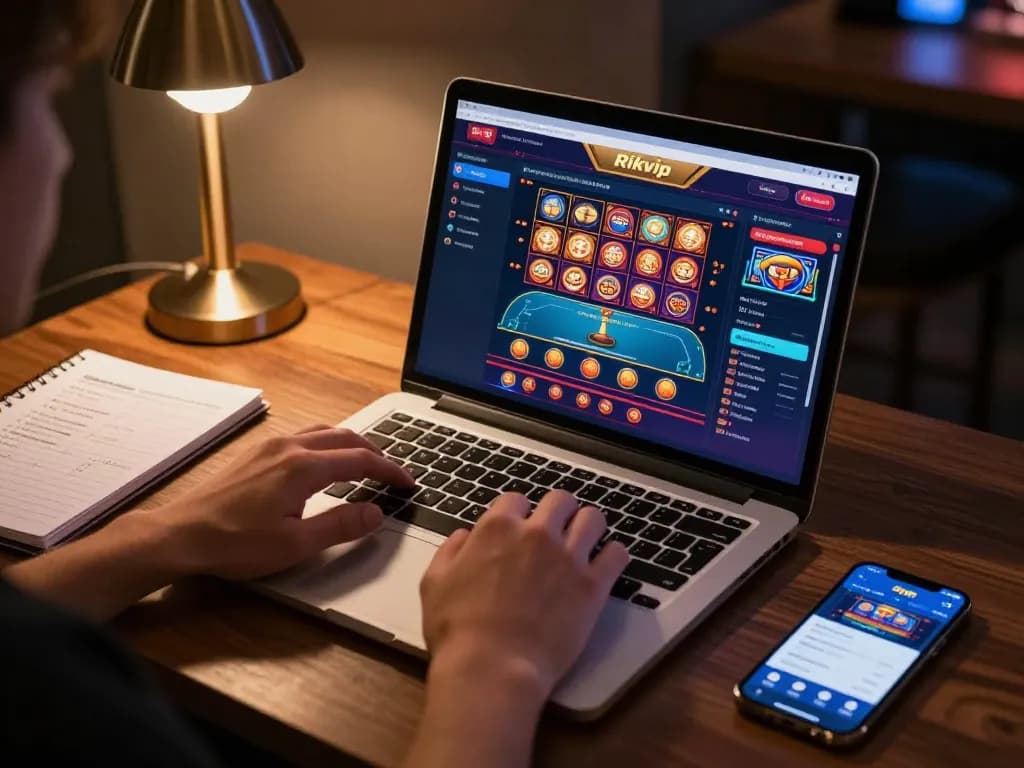Engaged player enjoying Rikvip online casino games on a laptop, showcasing strategic gameplay.