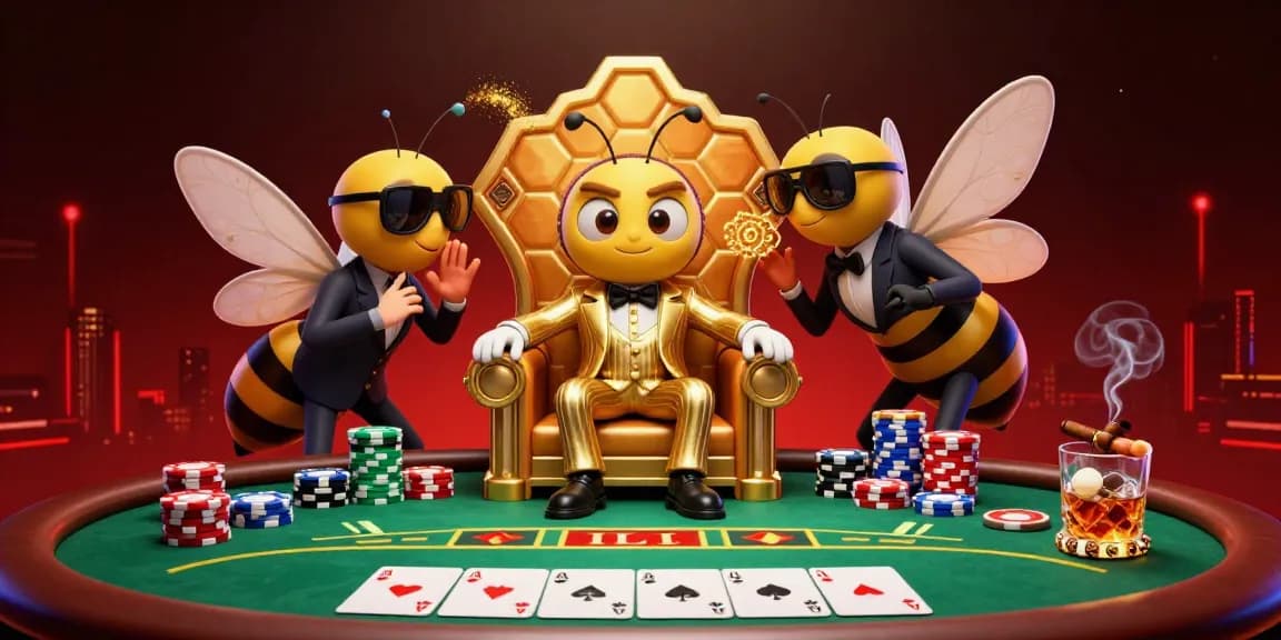 Engage with rr88 casino action through a lively poker scene featuring a bustling bumblebee mob boss.