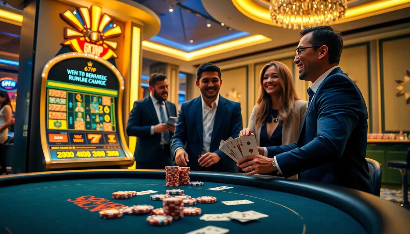Experience the excitement of 678VIP with a vibrant casino scene featuring a high-stakes poker table and slot machines.