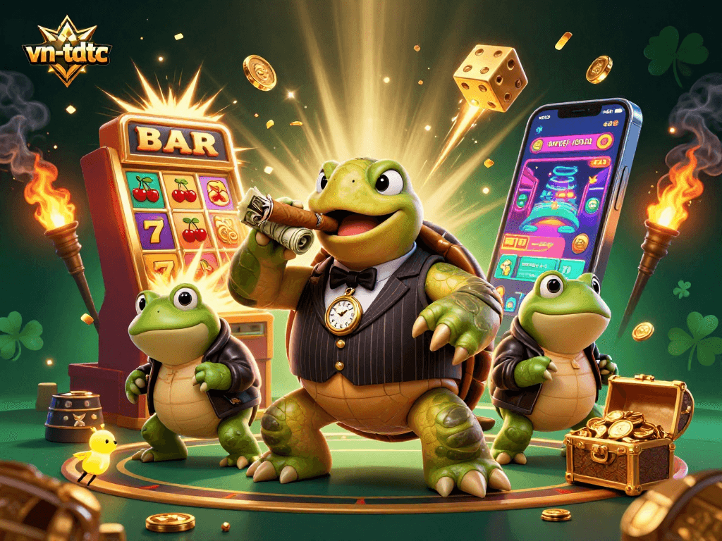 Engage with vn-tdtc in this vibrant scene of a mobile gaming casino with a cartoon turtle mobster.
