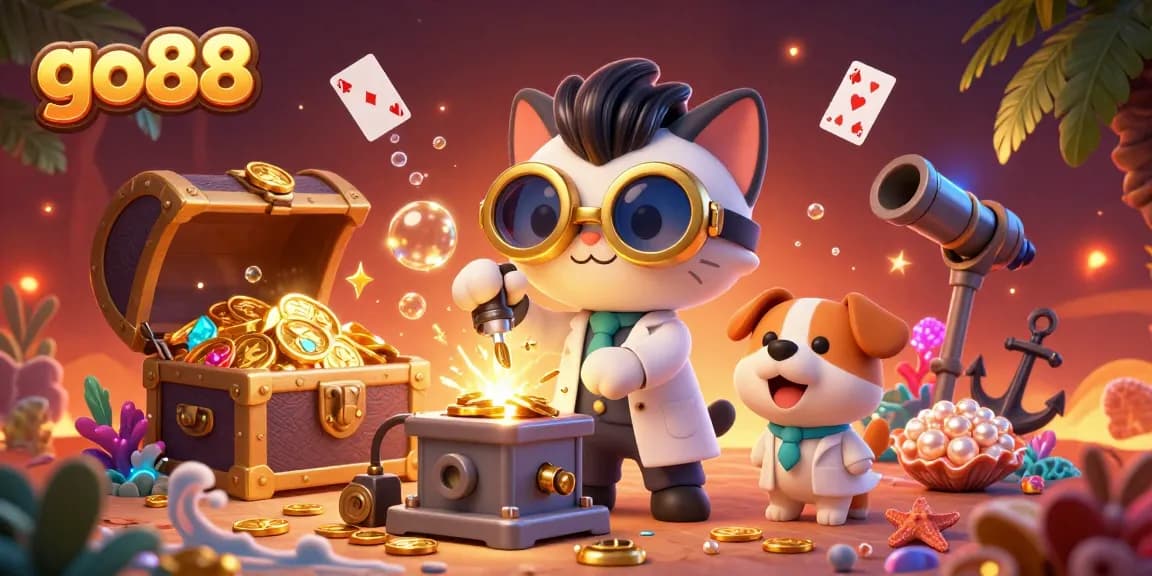 Experience the excitement with go88 as mad scientist cat creates gold coins amidst vibrant gaming elements.