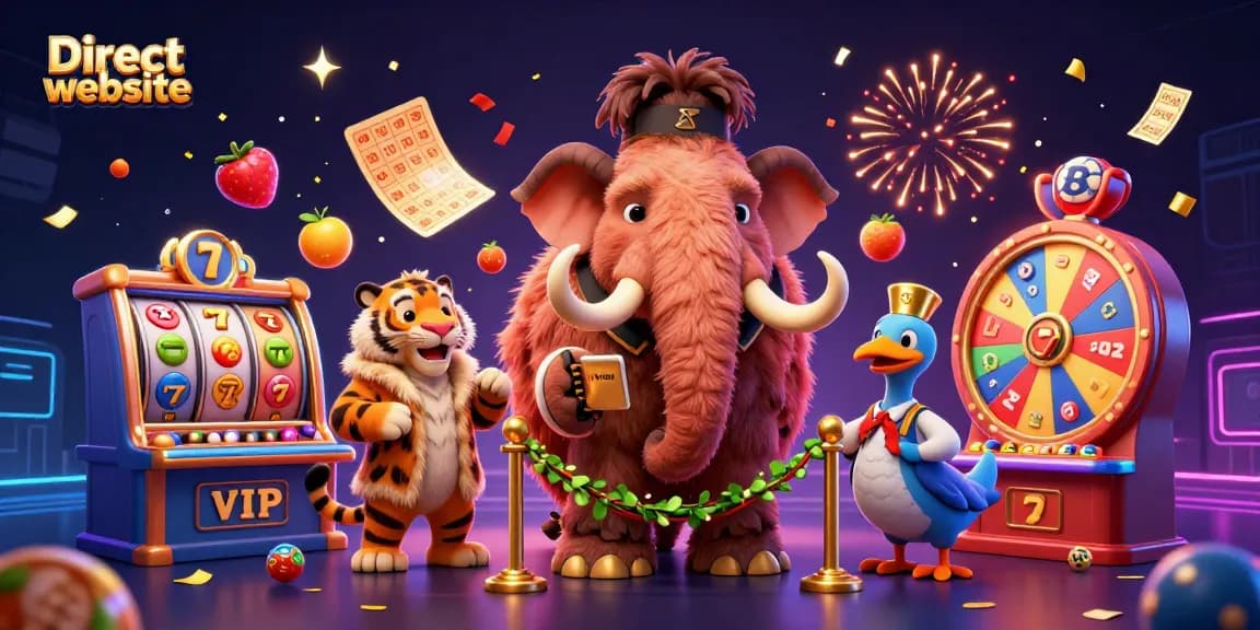 Experience excitement at the Direct website with vibrant slot games and animated lottery elements.