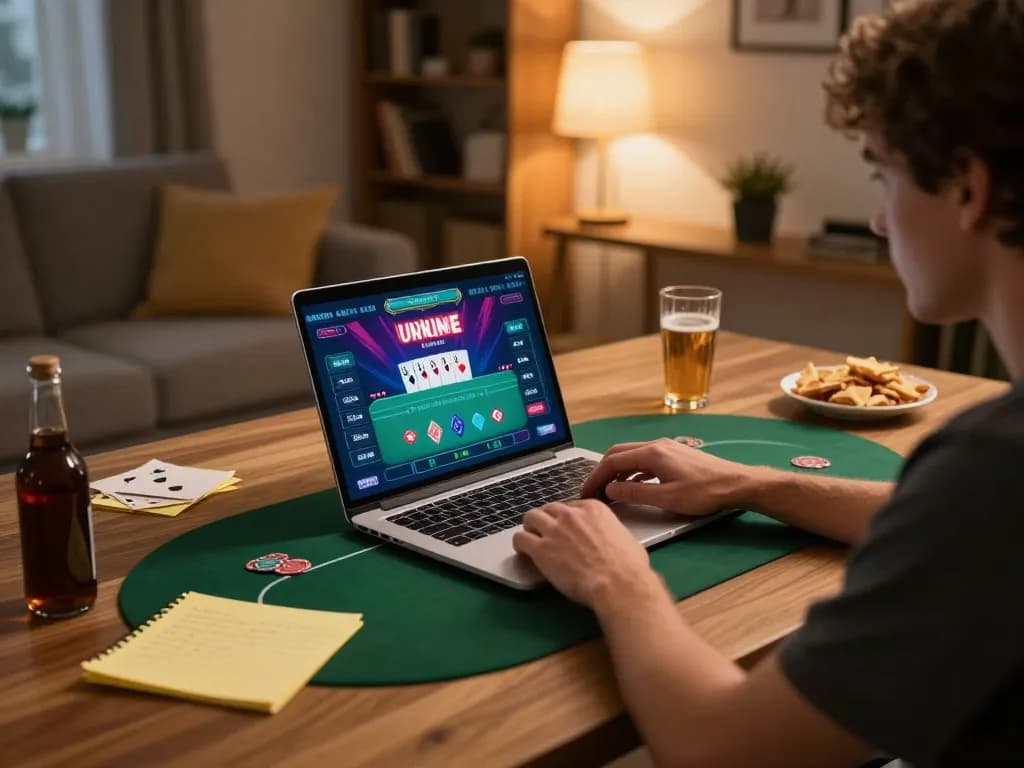 XX88 online gambling scene with player using laptop, showcasing poker interface with warm ambiance.