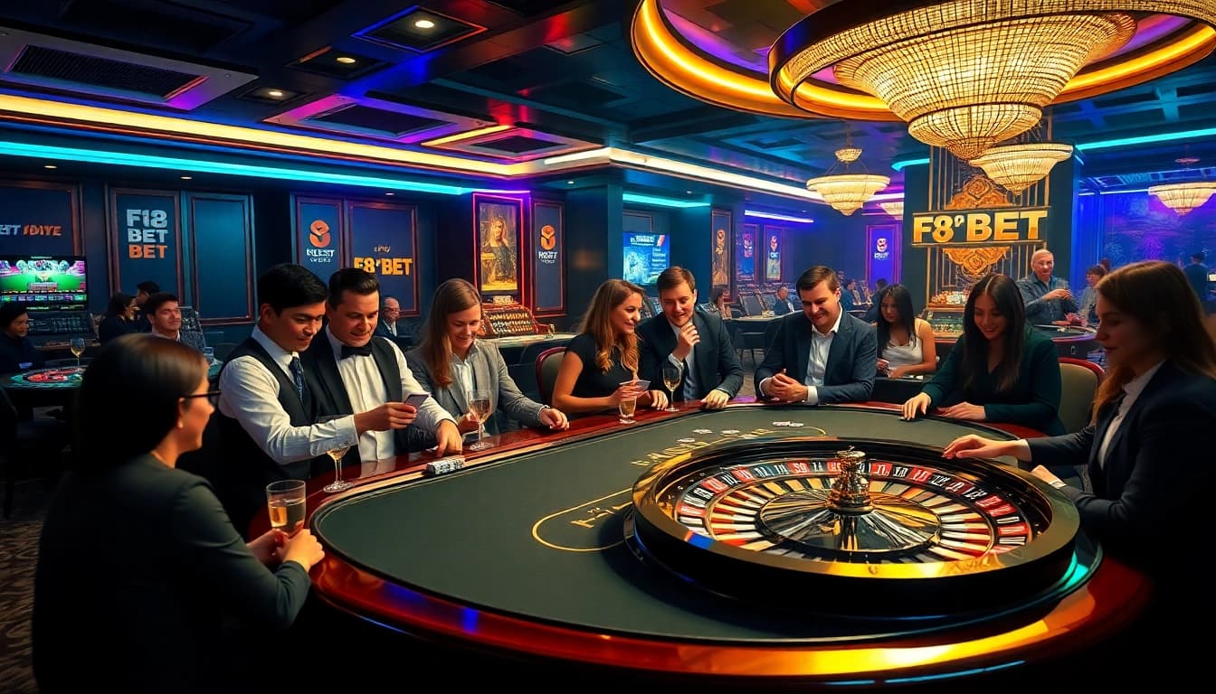 Exciting scene of a high-stakes poker game at F8 BET casino with vibrant lighting and focused players.