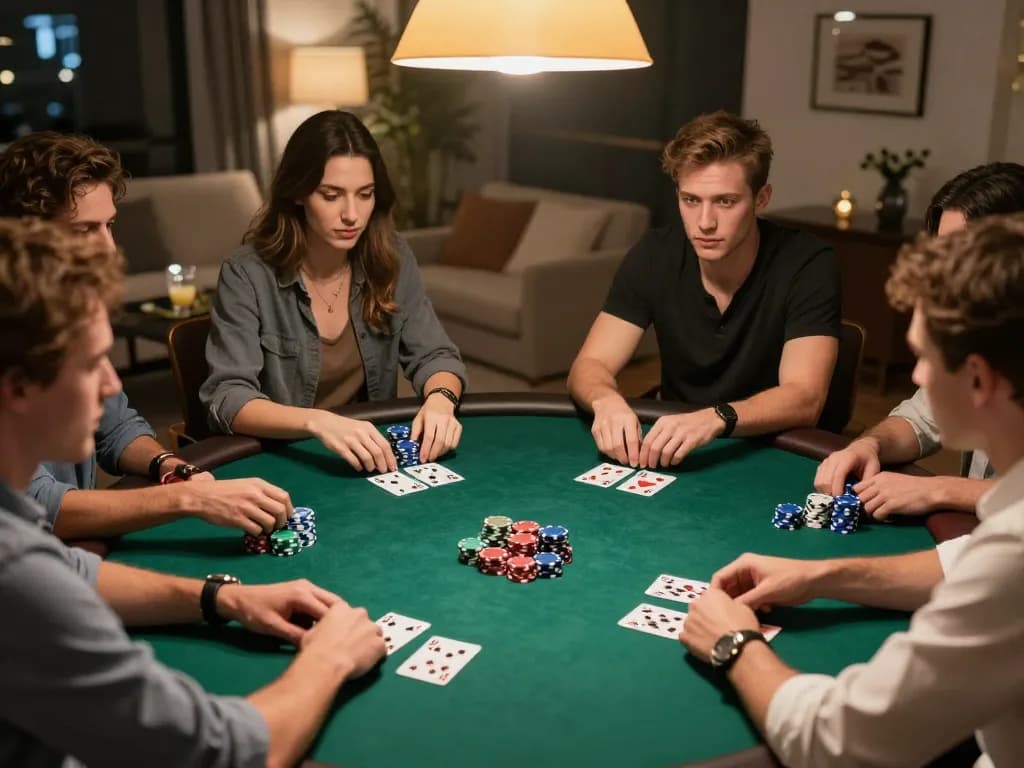 Players strategizing during a competitive poker game at home, highlighting go8 gaming tactics.