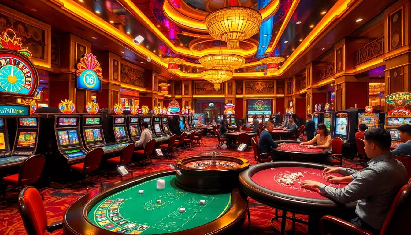 Exciting gambling atmosphere at a casino featuring sv88s.pro, with players enjoying slot machines and poker tables.