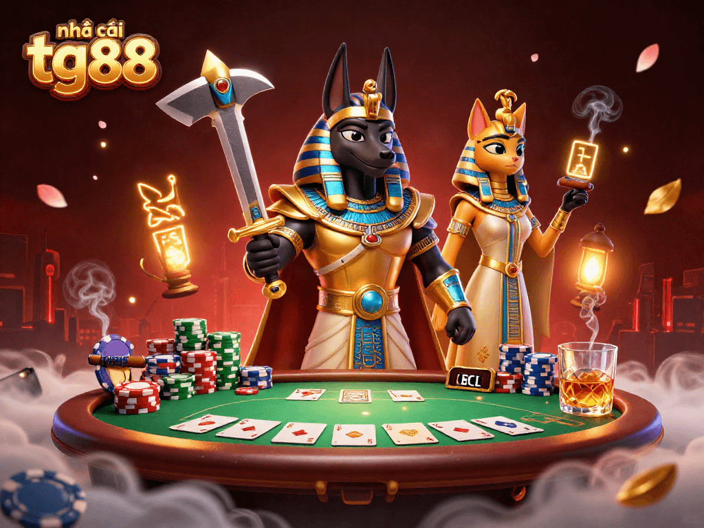 Anubis and Bastet emblematic figures with poker elements symbolize nhà cái tg88 online betting excitement.