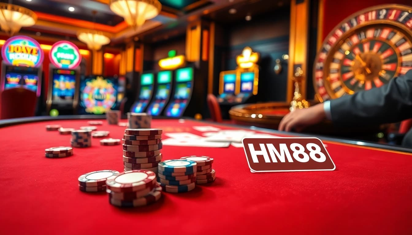 Experience the excitement of gaming at HM88 casino with vibrant slot machines and poker tables.