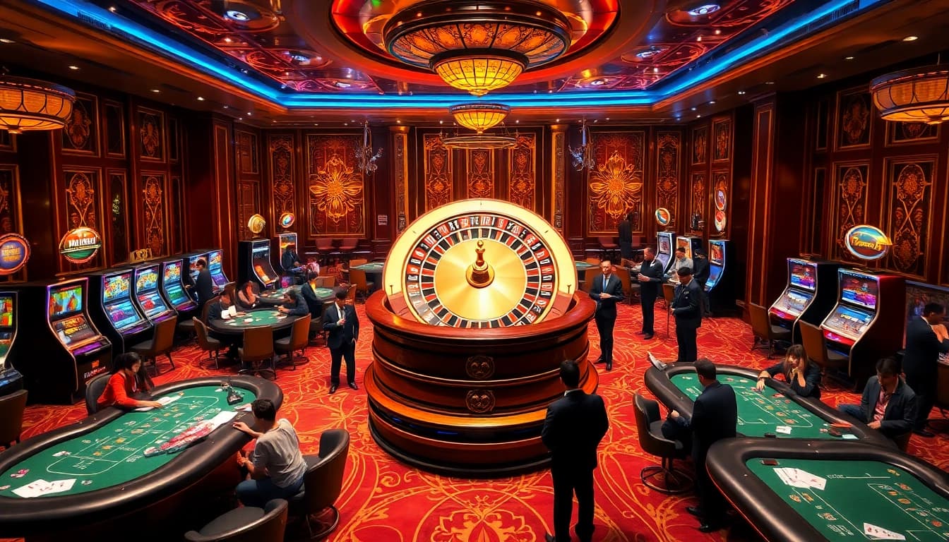 Kèo Nhà Cái betting excitement at a luxurious casino with poker tables and roulette wheel.