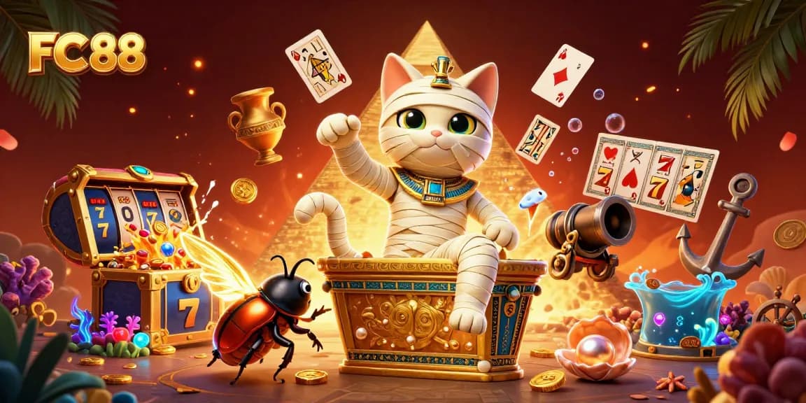 Experience the vibrant energy of FC 88 with this dynamic casino scene featuring a cartoon mummy cat and scarab.