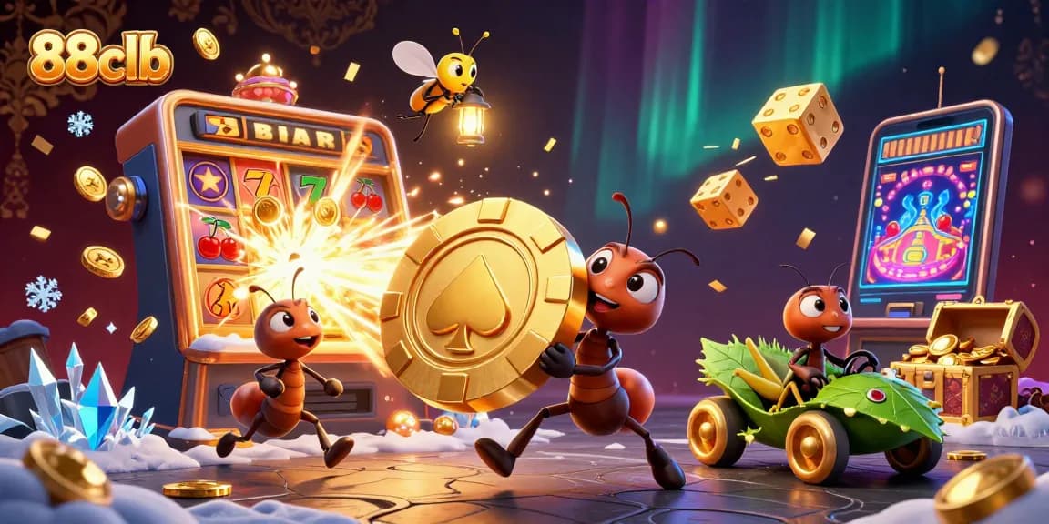 Engaging scene of 88clb's cartoon ants in a casino heist, showcasing vibrant gaming elements.