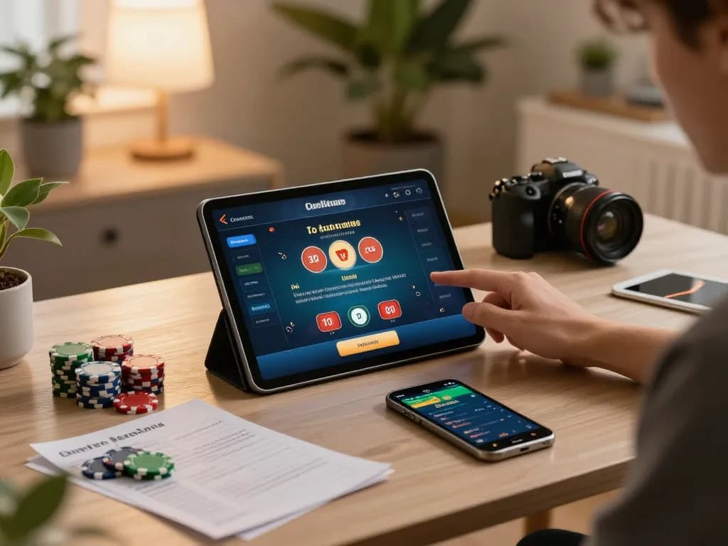 Playing online casino games using the Link vào Vk88 app on a tablet in a cozy home office setup